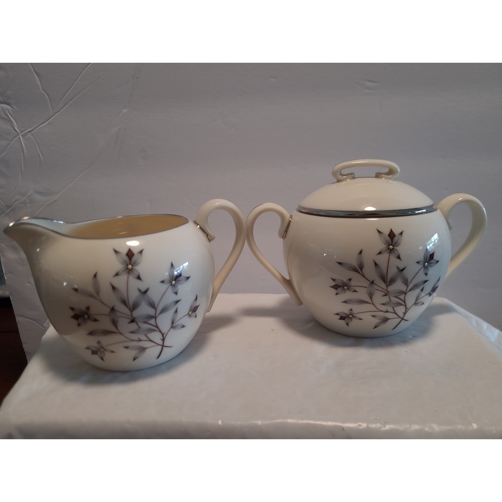 Vintage Lenox Princess X-516 Creamer and Sugar Bowl W Lid Floral Gray And Ivory